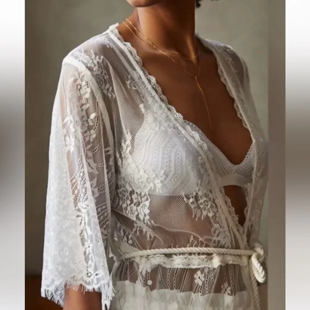 By Anthropologie White Lace Long Robe S/M - Picture 3 of 12